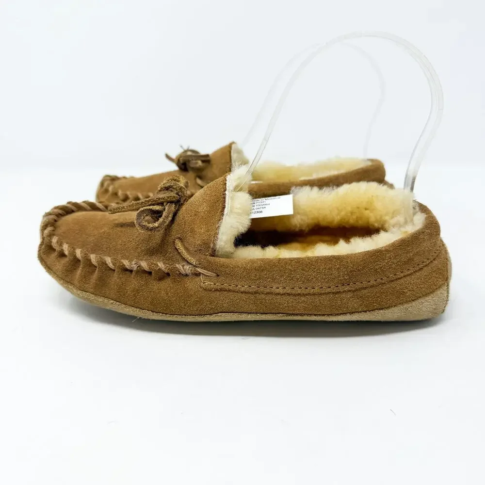 LL Bean Tan Suede Shearling Moccasin Slippers Kids Size 2 EUC Tie Bow Detail